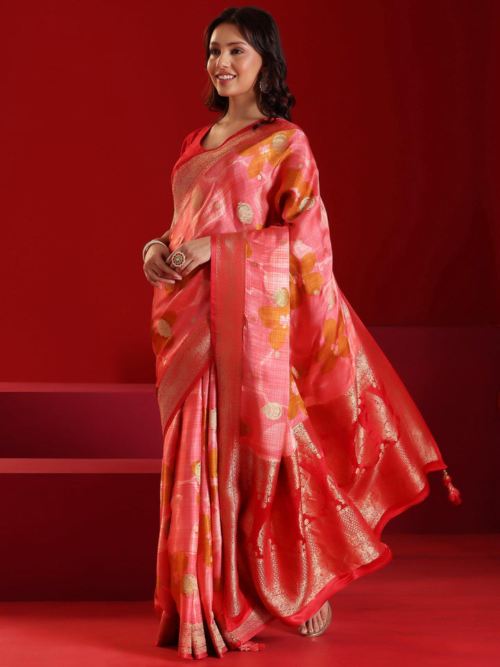 Libas Art Peach Printed Satin Saree With Unstitched Blouse Piece - Libas