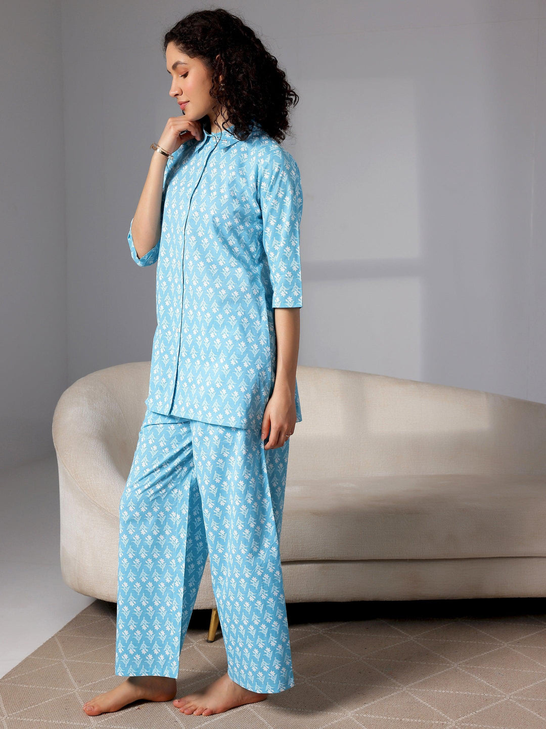 Blue Printed Cotton Night Suits - Libas