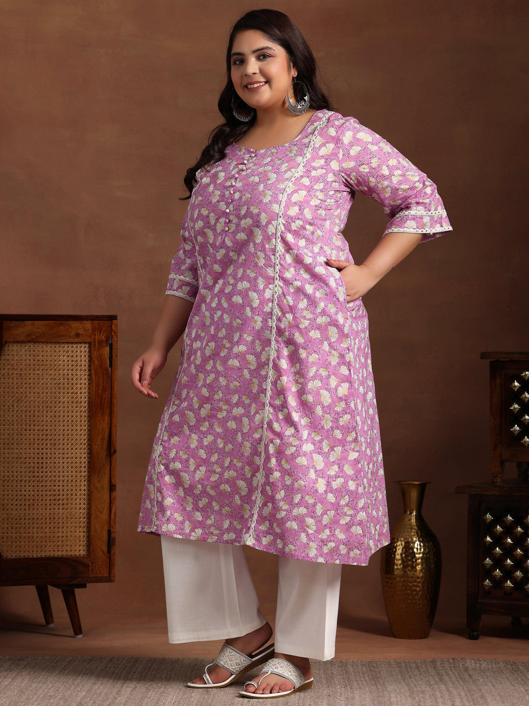 Plus Size Purple Printed Cotton A-Line Kurta - Libas 