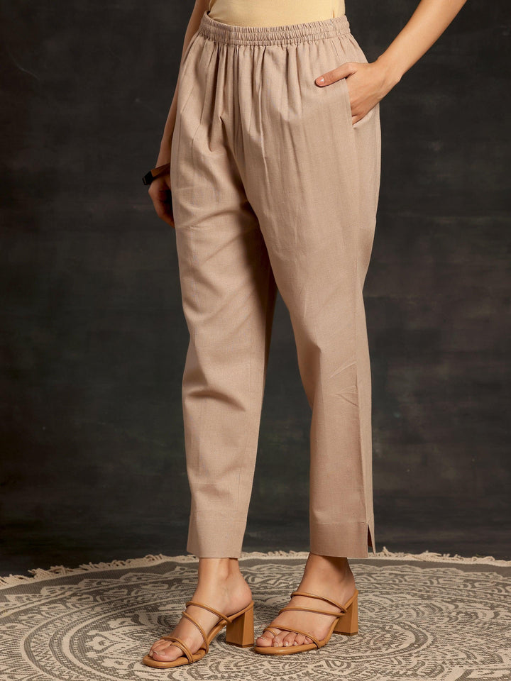 Beige Solid Cotton Straight Fit Trousers - Libas