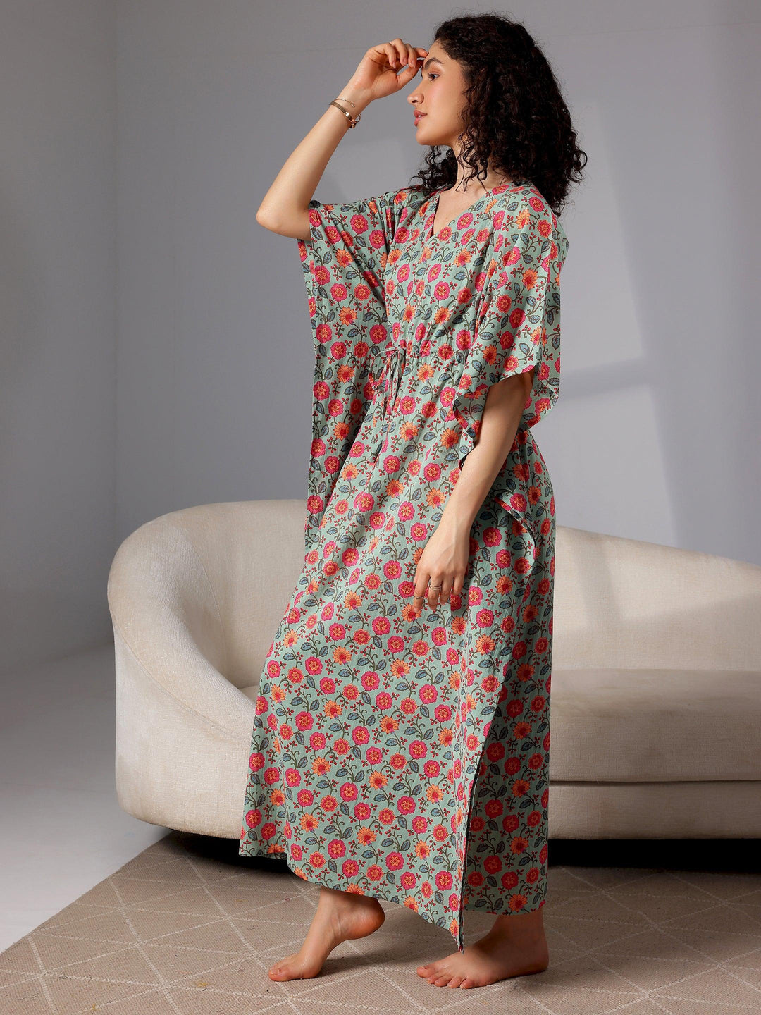 Green Printed Cotton Kaftan Night Dress - Libas