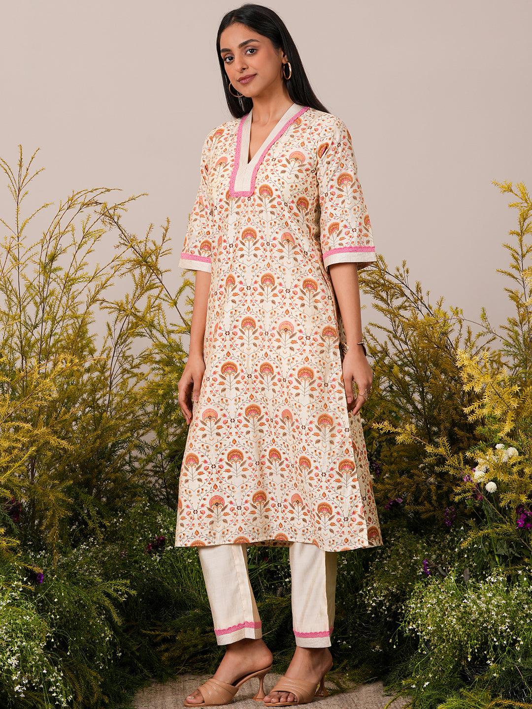 Beige Printed Chanderi Silk A-Line Kurta With Palazzos - Libas 