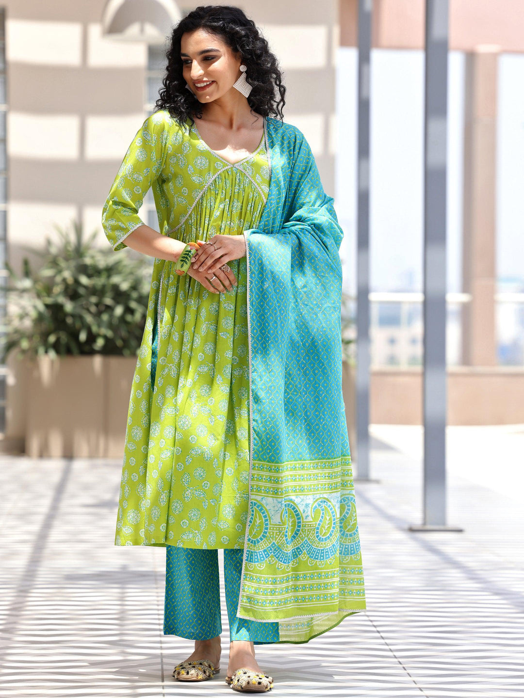 Green Printed Cotton A-Line Kurta With Palazzos & Dupatta - Libas 