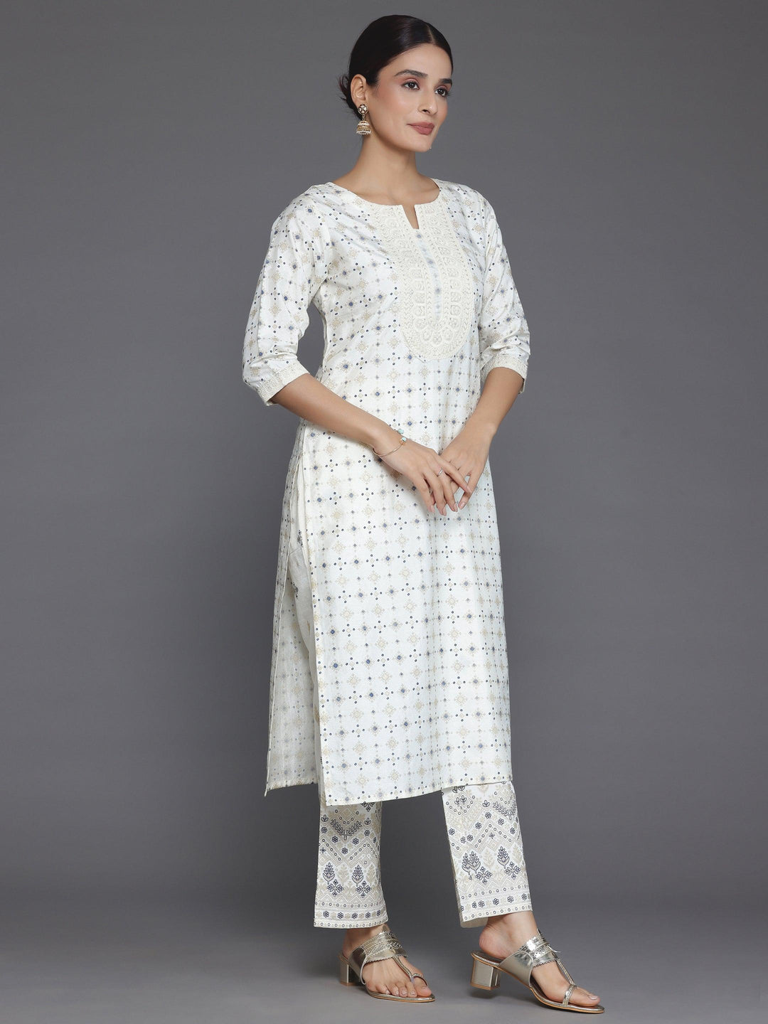 Off White Printed Silk Blend Straight Suit With Dupatta - Libas