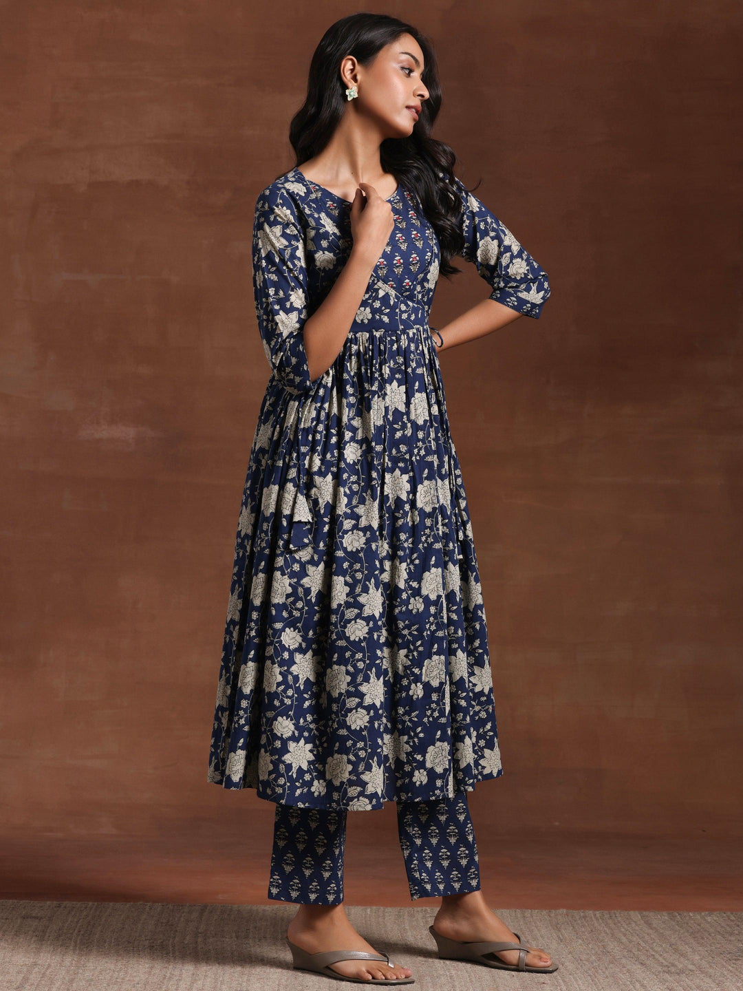 Blue Printed Pure Cotton Anarkali Suit With Dupatta - Libas 