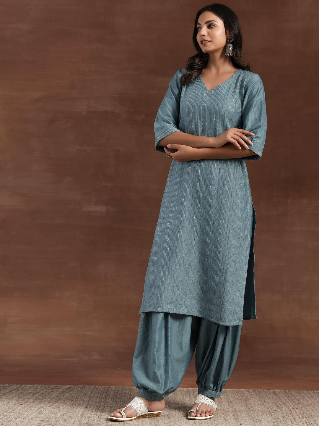 Grey Self Design Silk Blend Straight Suit With Dupatta - Libas 