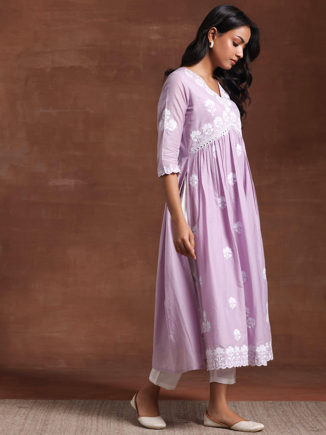 Lavender Embroidered Cotton A-Line Kurta - Libas 