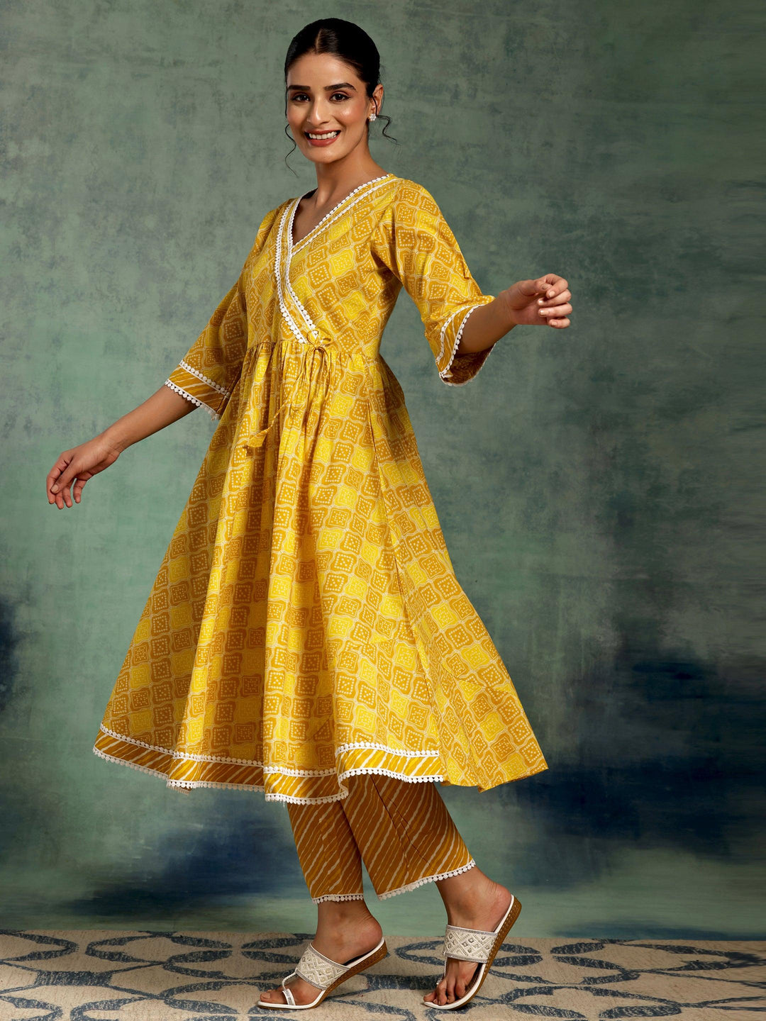 Mustard Printed Cotton A-Line Kurta With Palazzos & Dupatta - Libas