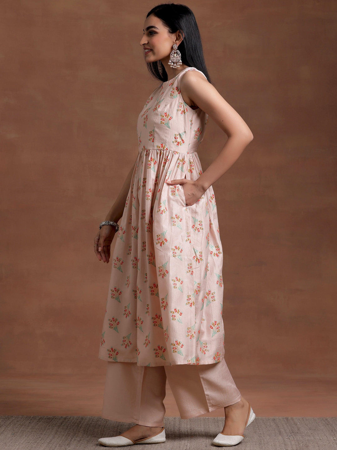 Powder Pink Printed Silk Blend A-Line Kurta With Palazzos & Dupatta - Libas