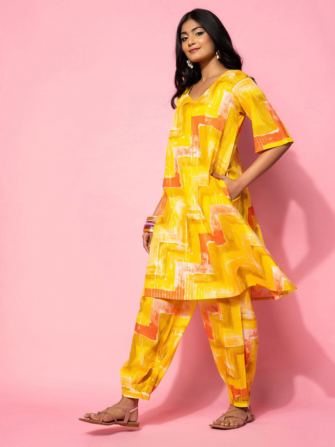 Yellow Printed Cotton Co-Ords - Libas 