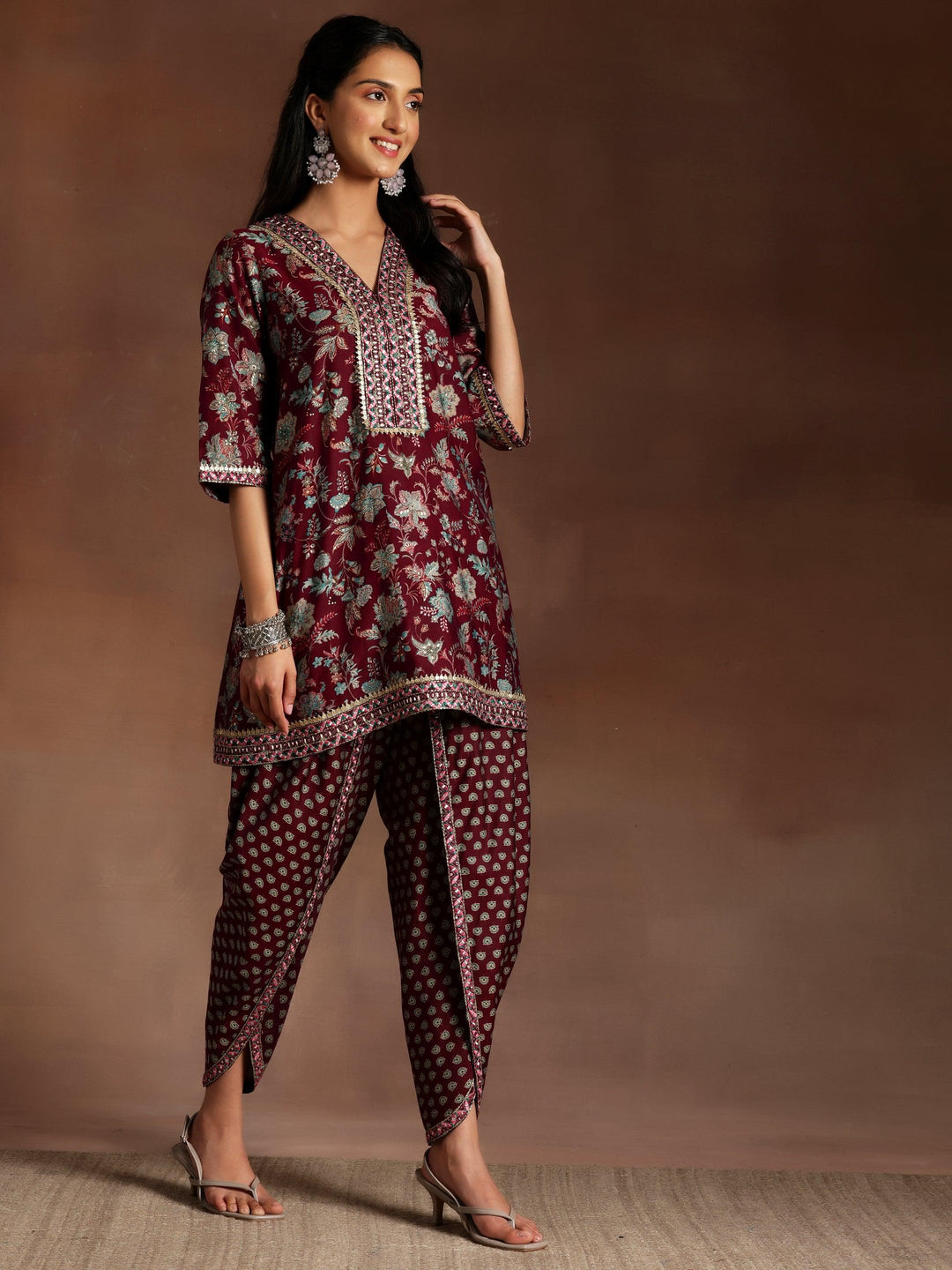 Burgundy Printed Silk Blend Straight Suit With Dupatta - Libas 