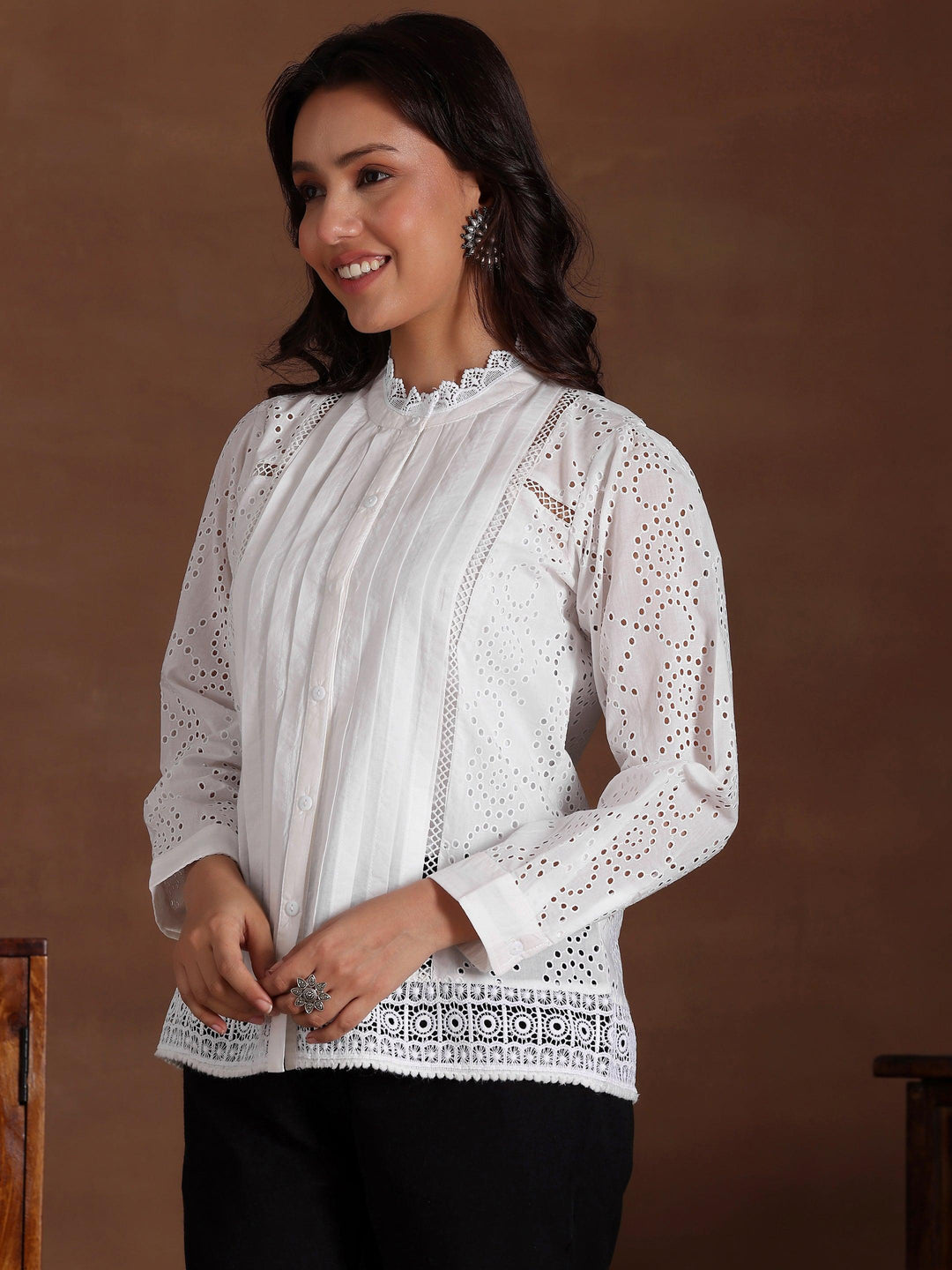 White Embroidered Cotton Straight Kurti - Libas