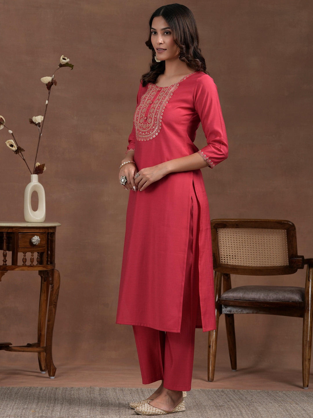 Pink Yoke Design Silk Blend Straight Suit With Dupatta - Libas 