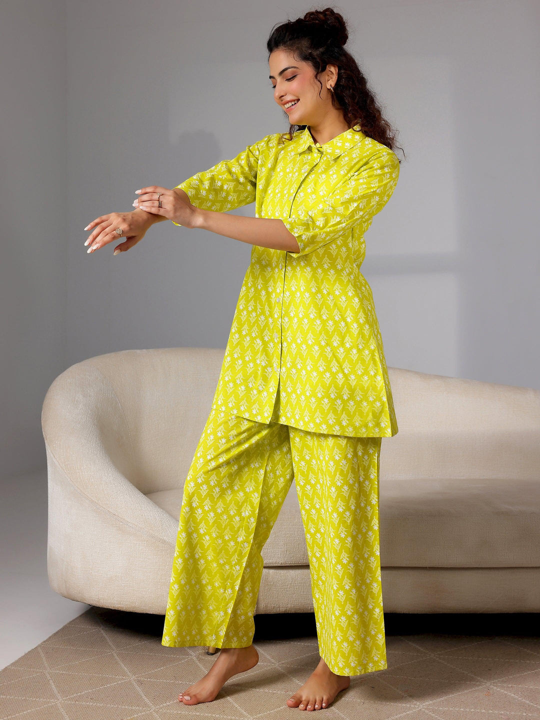 Green Printed Cotton Night Suits - Libas 