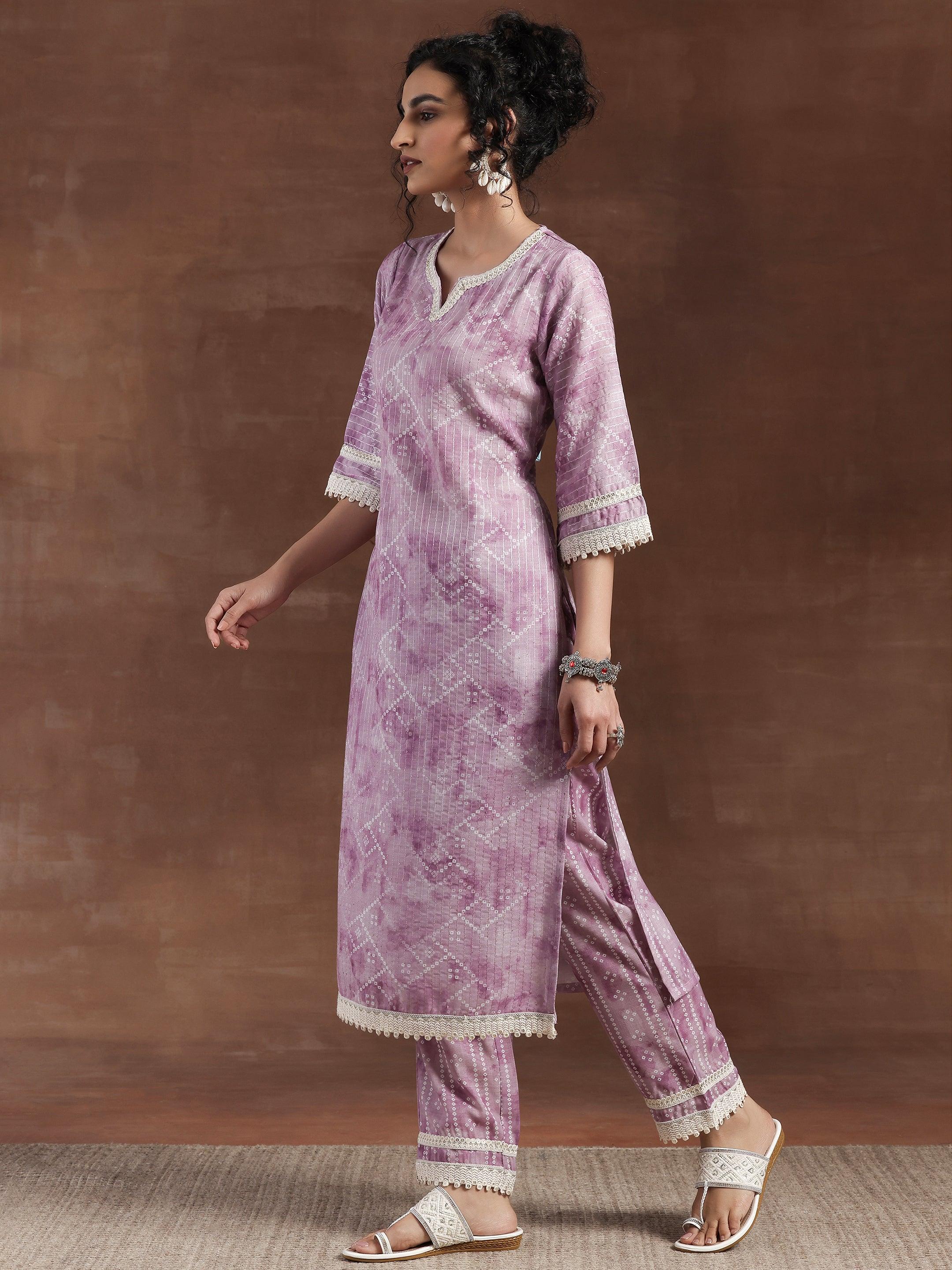 Purple Printed Cotton Straight Suit With Dupatta