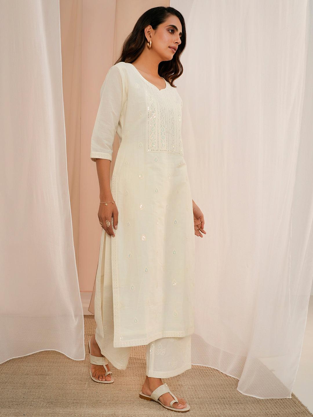 Off White Embroidered Cotton Straight Suit With Dupatta - Libas 