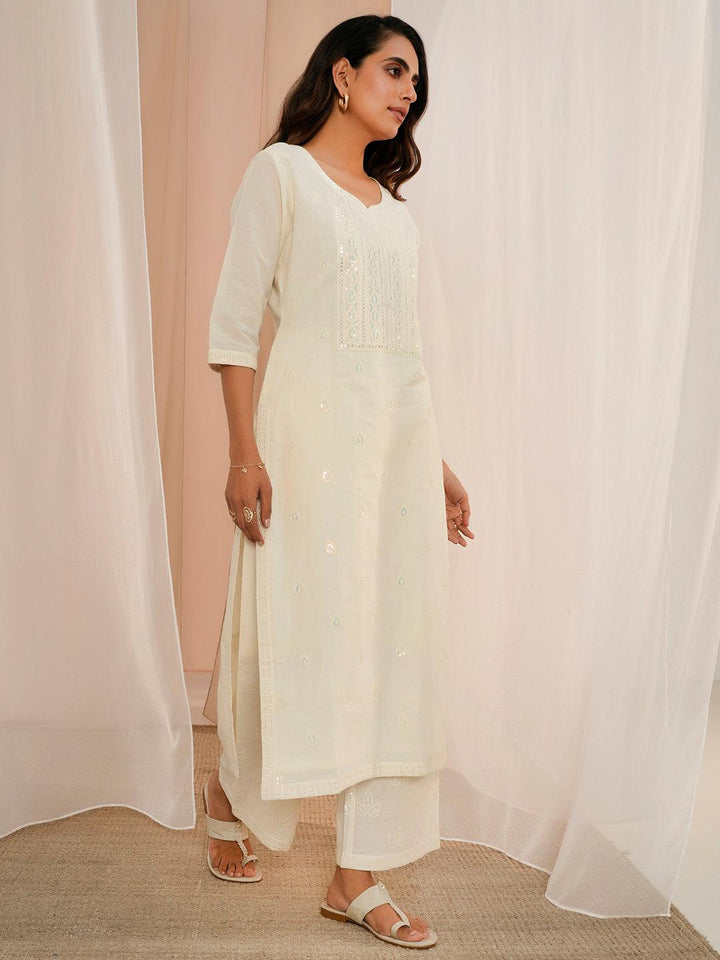 Off White Embroidered Cotton Straight Suit With Dupatta - Libas