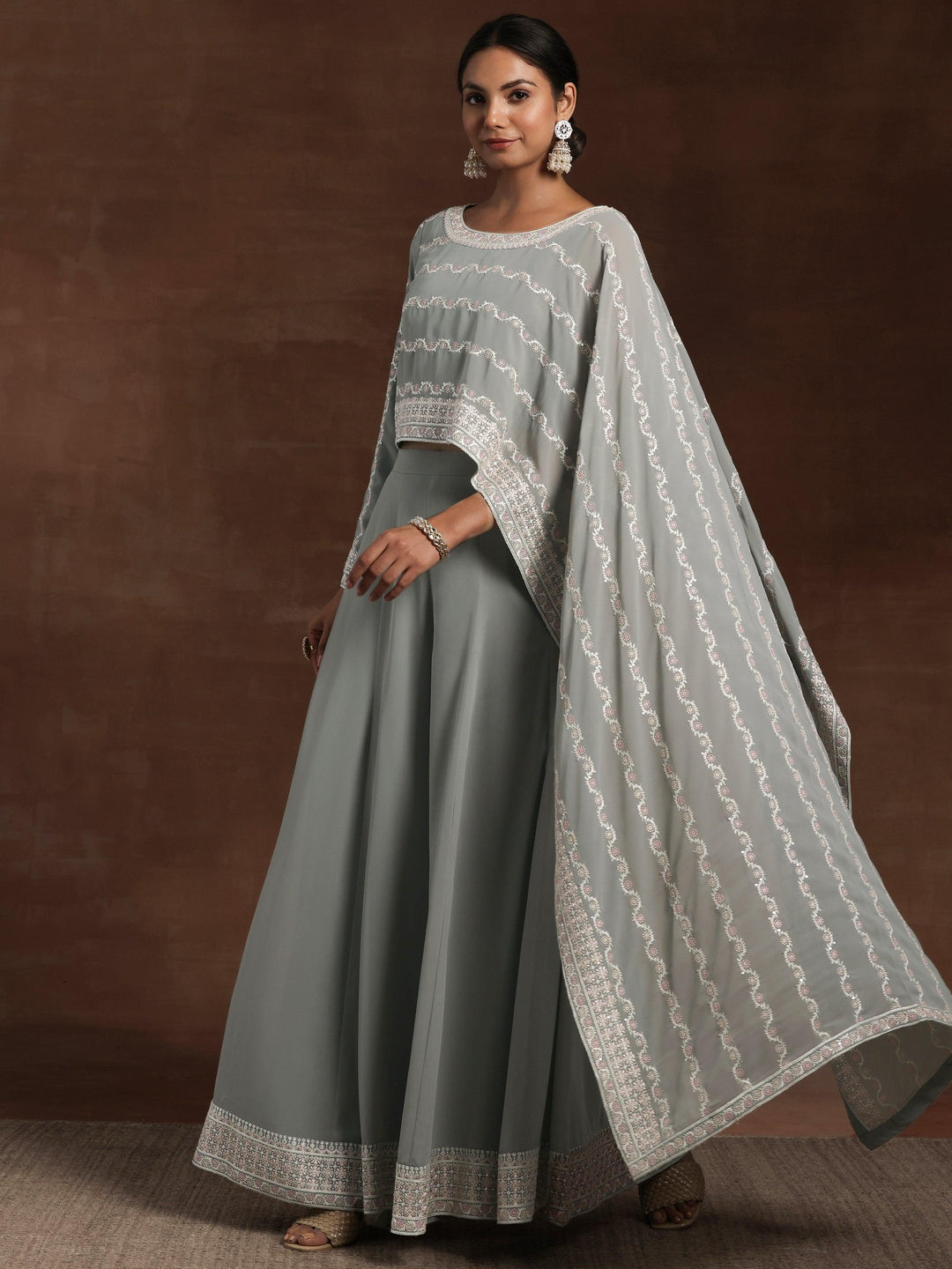 Libas Art Grey Embroidered Georgette Co-Ords - Libas 