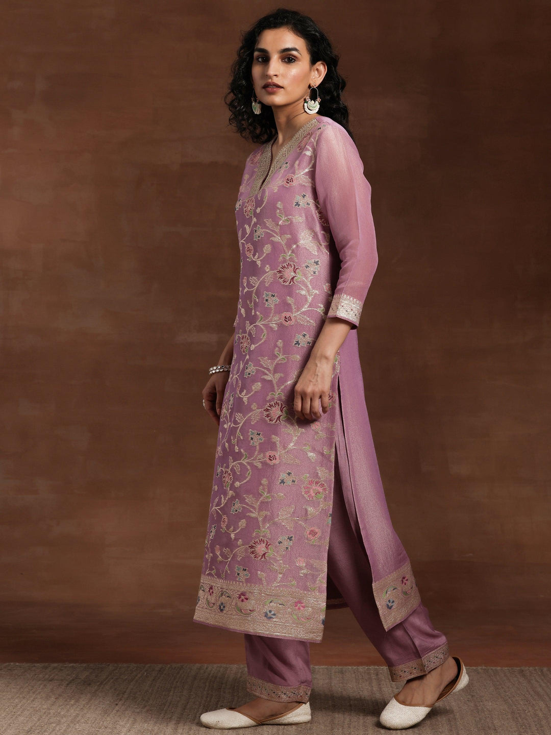 Mauve Woven Design Silk Blend Straight Kurta With Trousers & Dupatta - Libas 