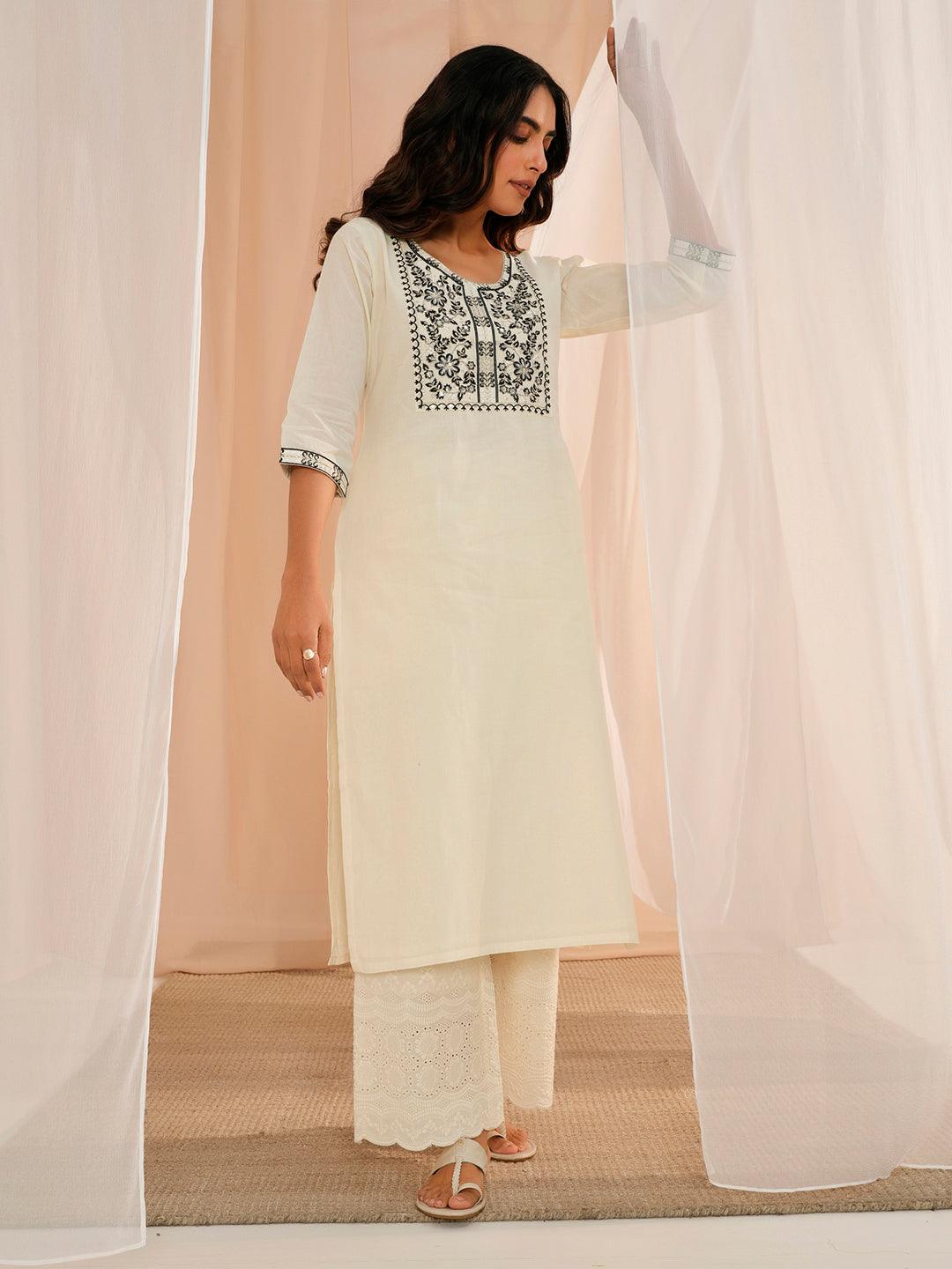 Off White Yoke Design Cotton Straight Kurta - Libas 