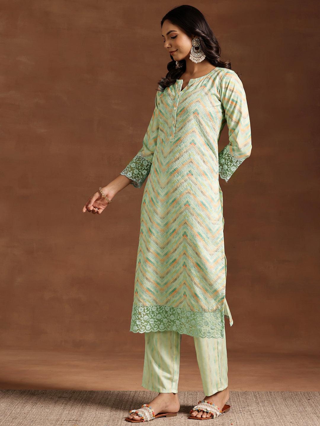 Green Embroidered Cotton Blend Straight Suit With Dupatta - Libas