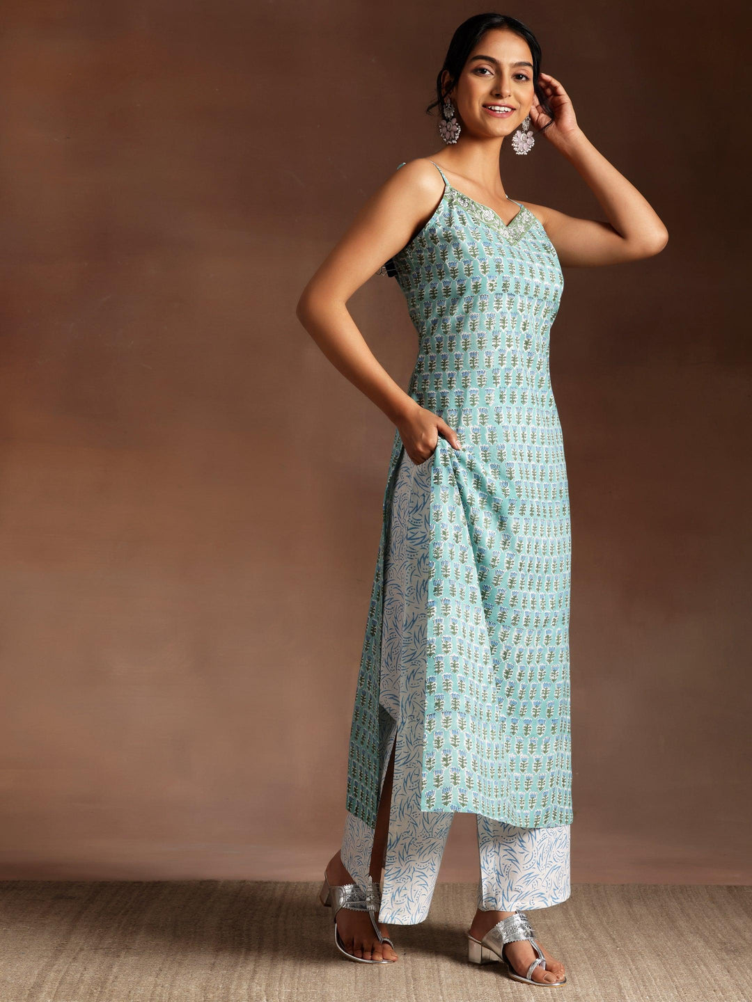 Green Printed Cotton Straight Suit With Dupatta - Libas 