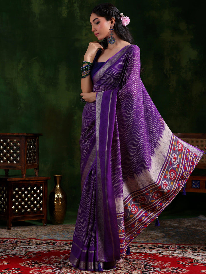 Purple Printed Silk Blend Saree With Unstitched Blouse Piece - Libas