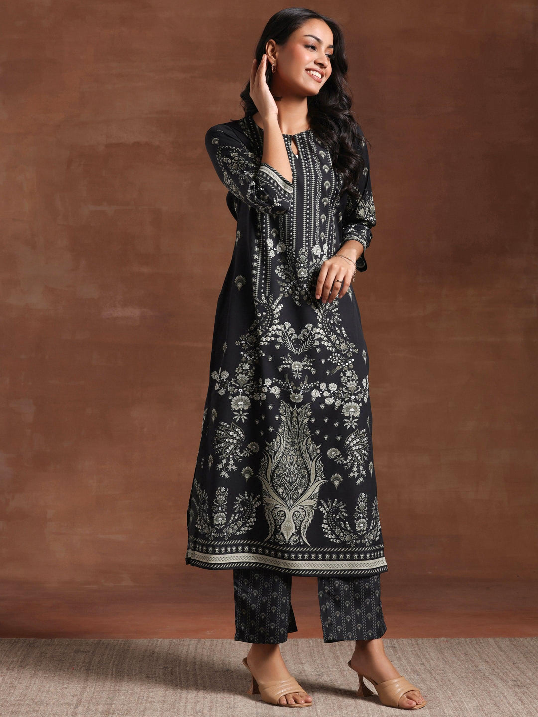 Black Printed Crepe Straight Kurta Set - Libas 