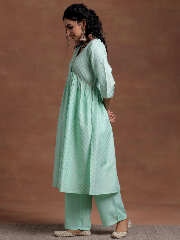 Green Woven Design Silk Blend A-Line Kurta With Trousers - Libas