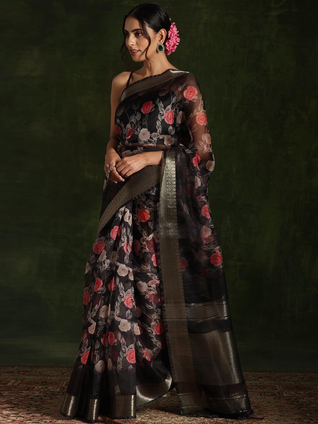 Black Printed Organza Saree With Unstitched Blouse Piece - Libas