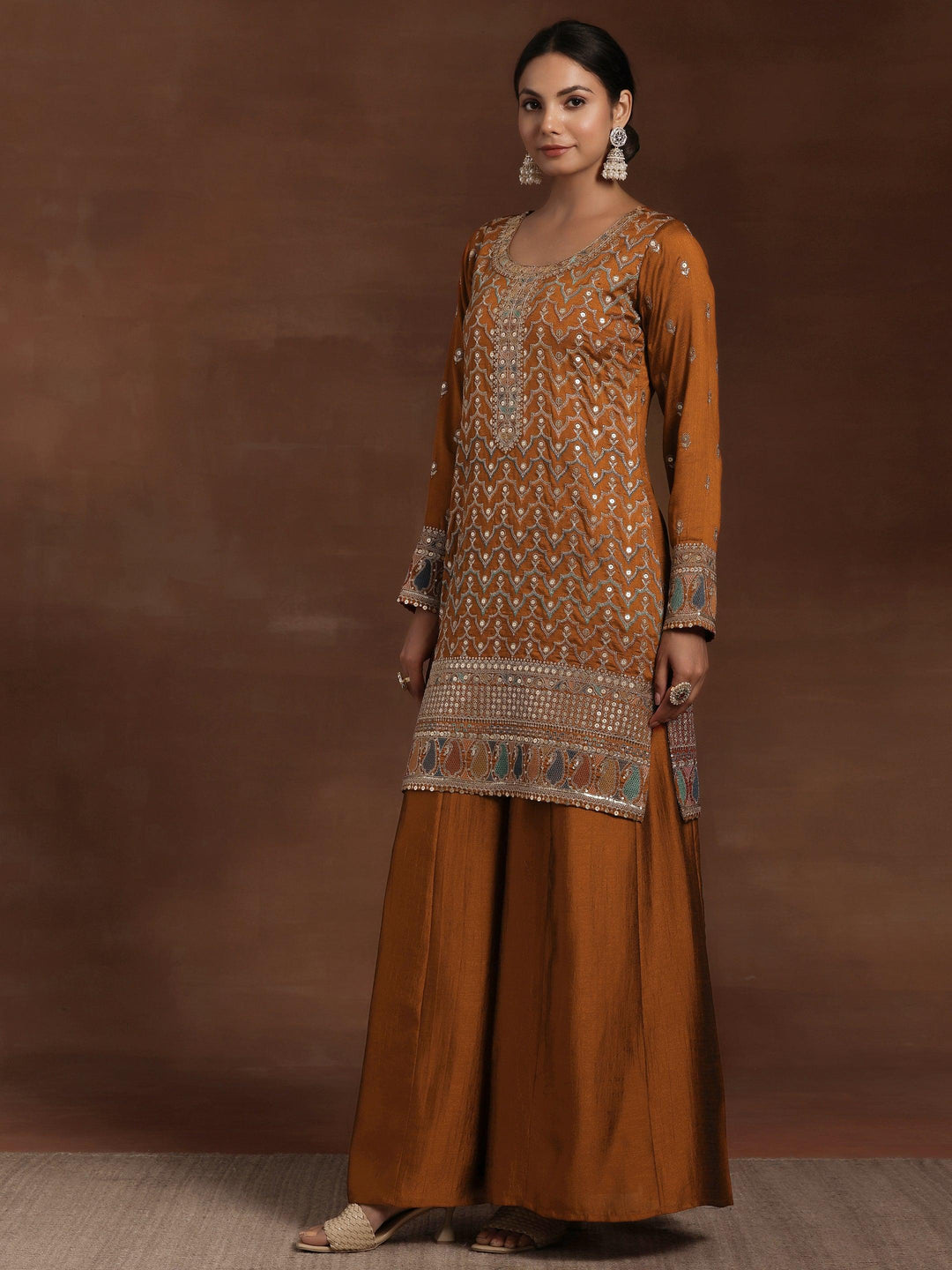 Rust Embroidered Silk Blend Straight Kurta With Palazzos & Dupatta - Libas 