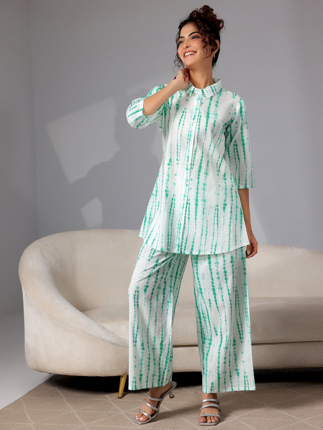 Green Printed Cotton Night Suits - Libas 