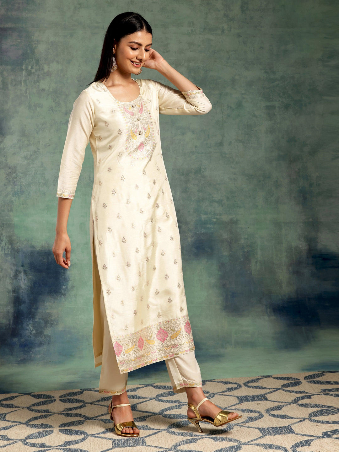 Off White Woven Design Silk Blend Straight Suit With Dupatta - Libas 