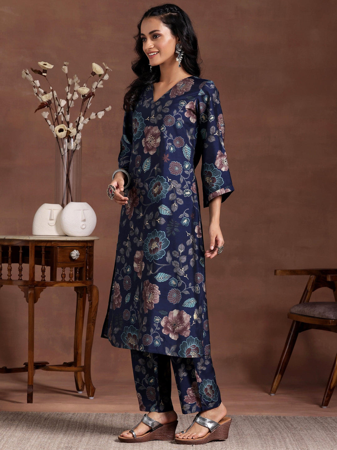 Blue Printed Silk Blend Co-Ords - Libas 