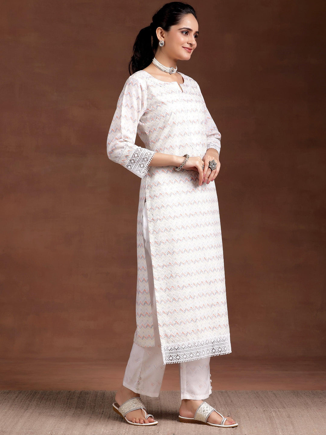 Off White Embroidered Cotton Blend Straight Suit With Dupatta - Libas 