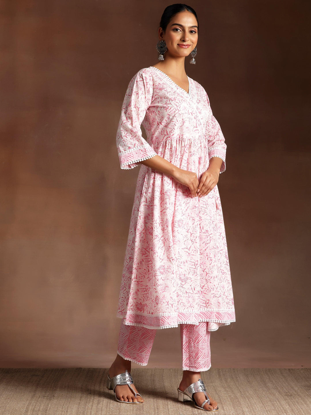 Tabassum Pink Printed Cotton A-Line Kurta With Palazzos & Dupatta - Libas 