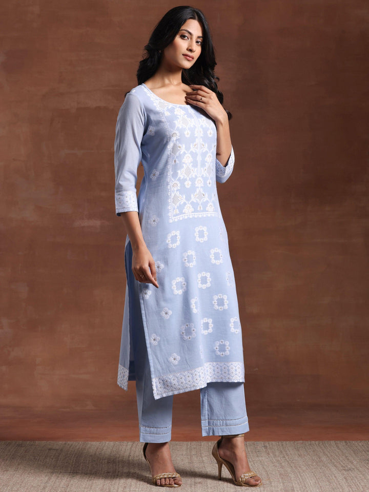 Blue Woven Design Cotton Straight Suit With Dupatta - Libas