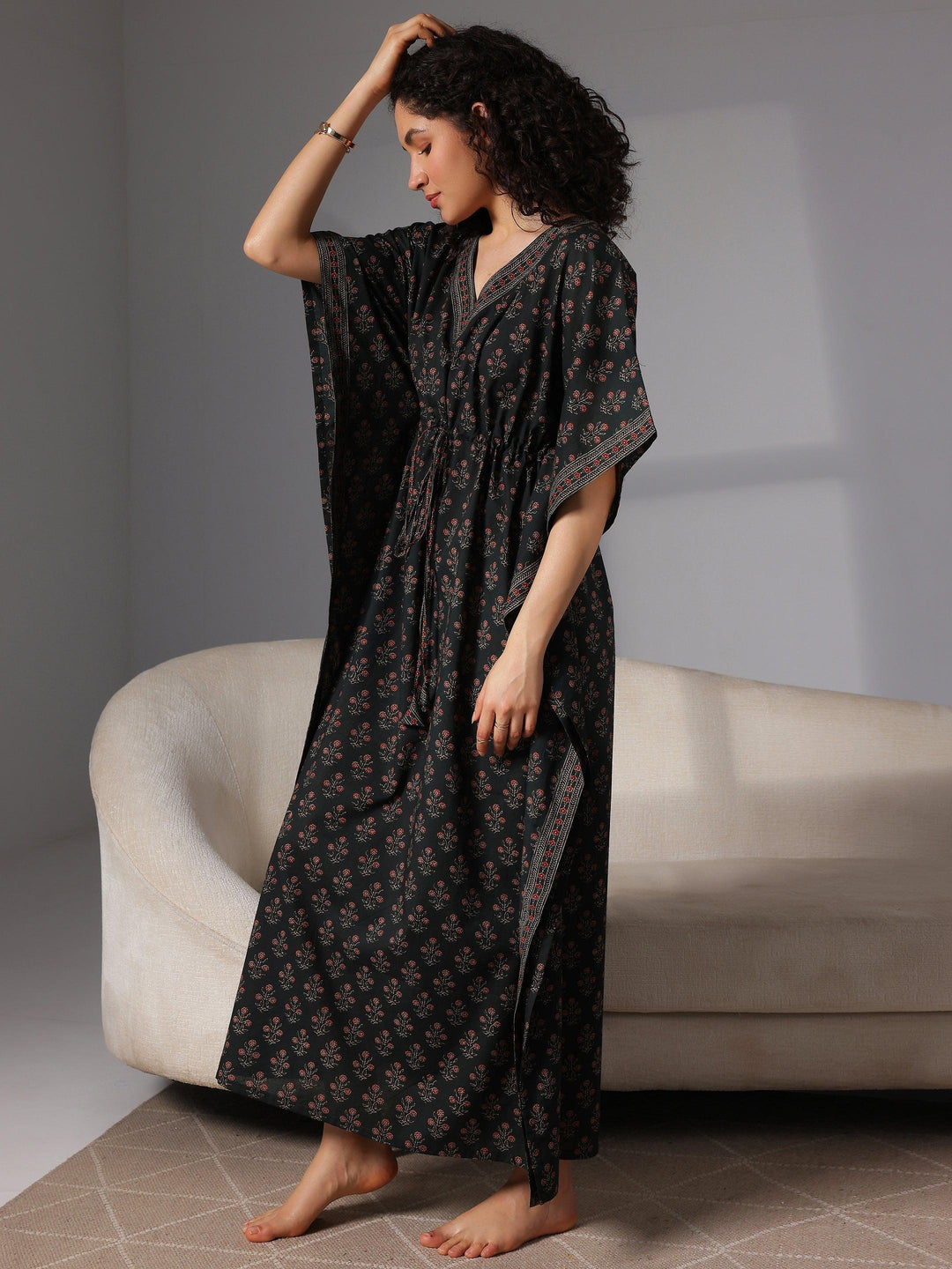 Dark Green Printed Cotton Kaftan Night Dress - Libas 