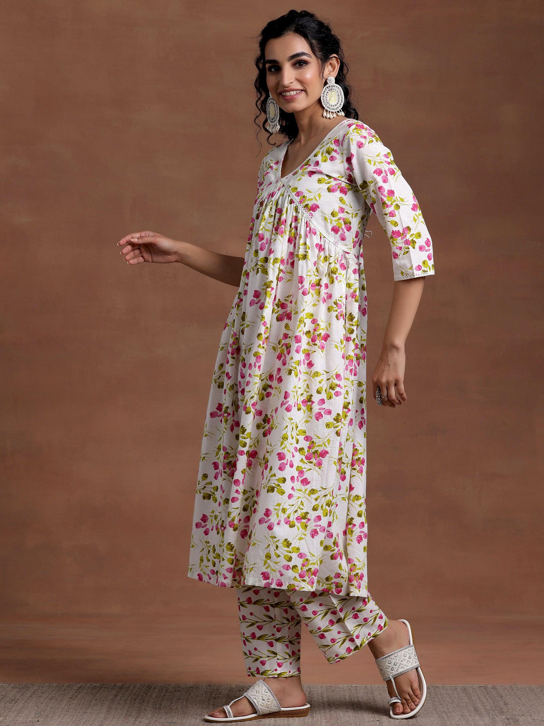 Off White Printed Cotton A-Line Kurta With Palazzos & Dupatta - Libas