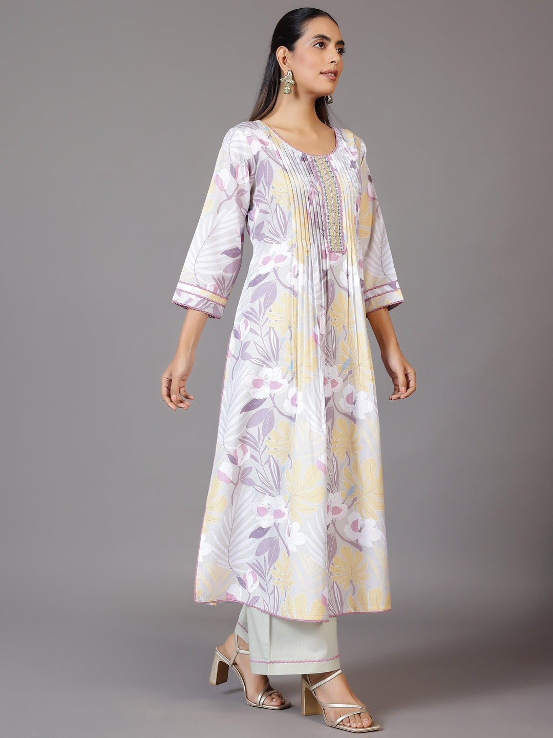 Grey Printed Cotton Blend A-Line Kurta With Palazzos & Dupatta - Libas 