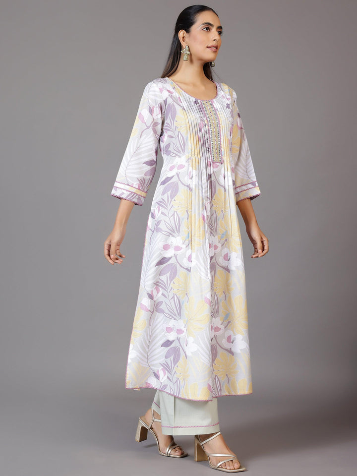 Grey Printed Cotton Blend A-Line Kurta With Palazzos & Dupatta - Libas