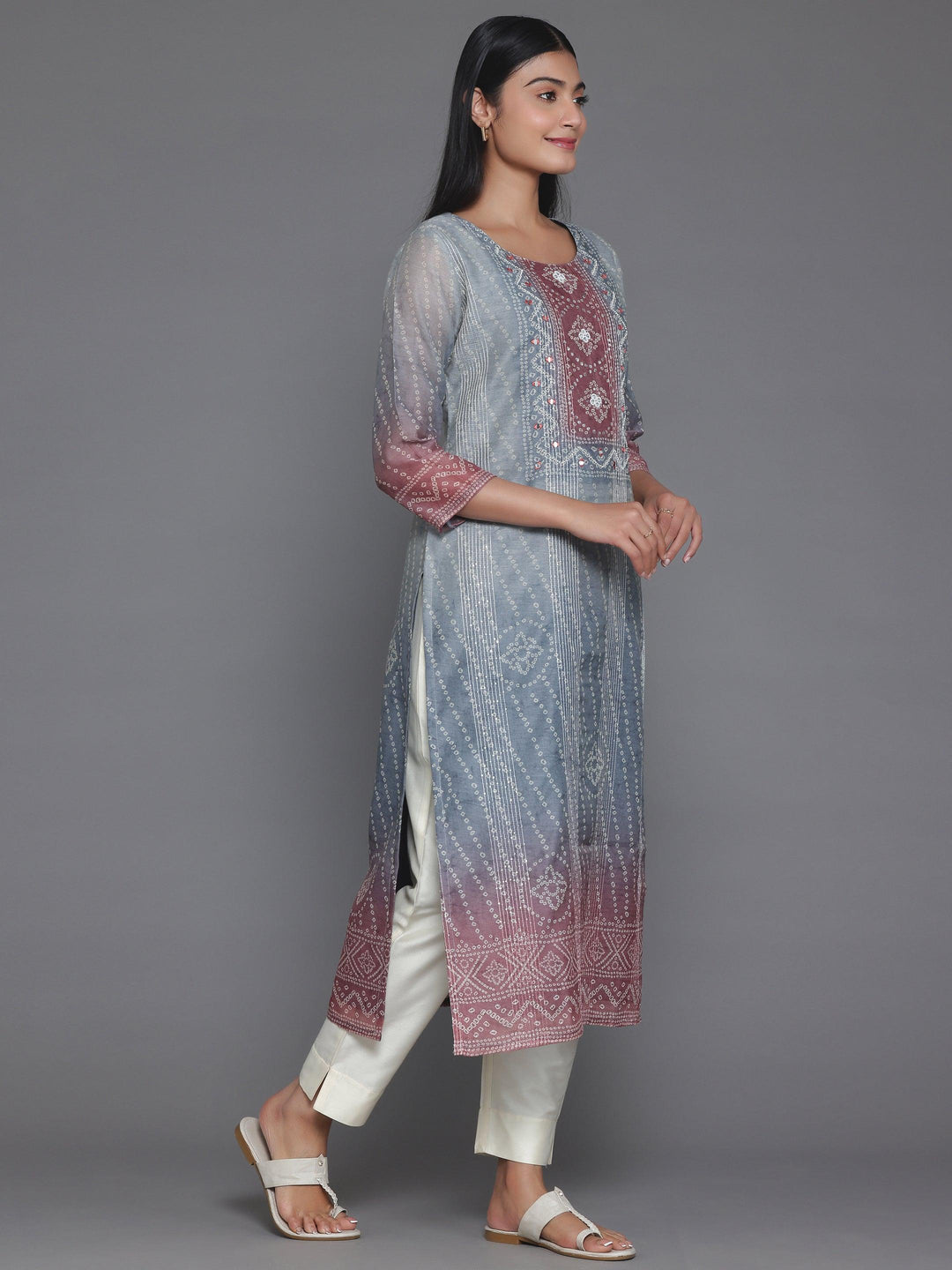 Grey Embellished Chanderi Silk Straight Kurta - Libas