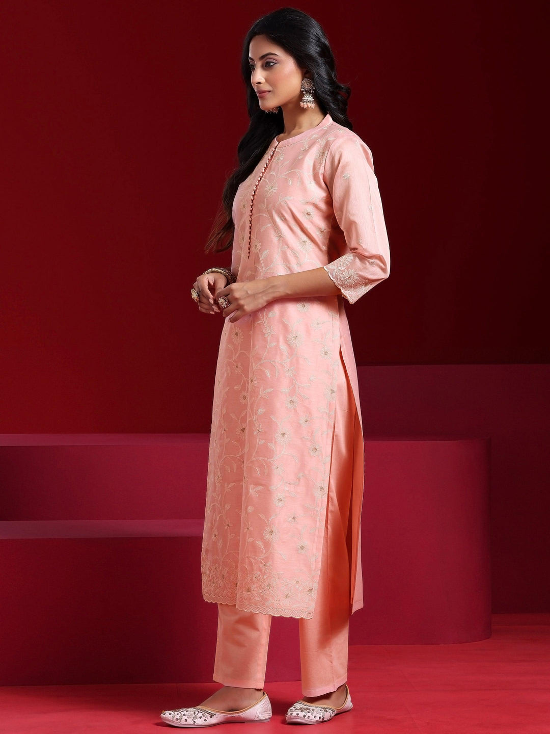 Libas Art Pink Embroidered Chanderi Silk Straight Suit With Dupatta - Libas