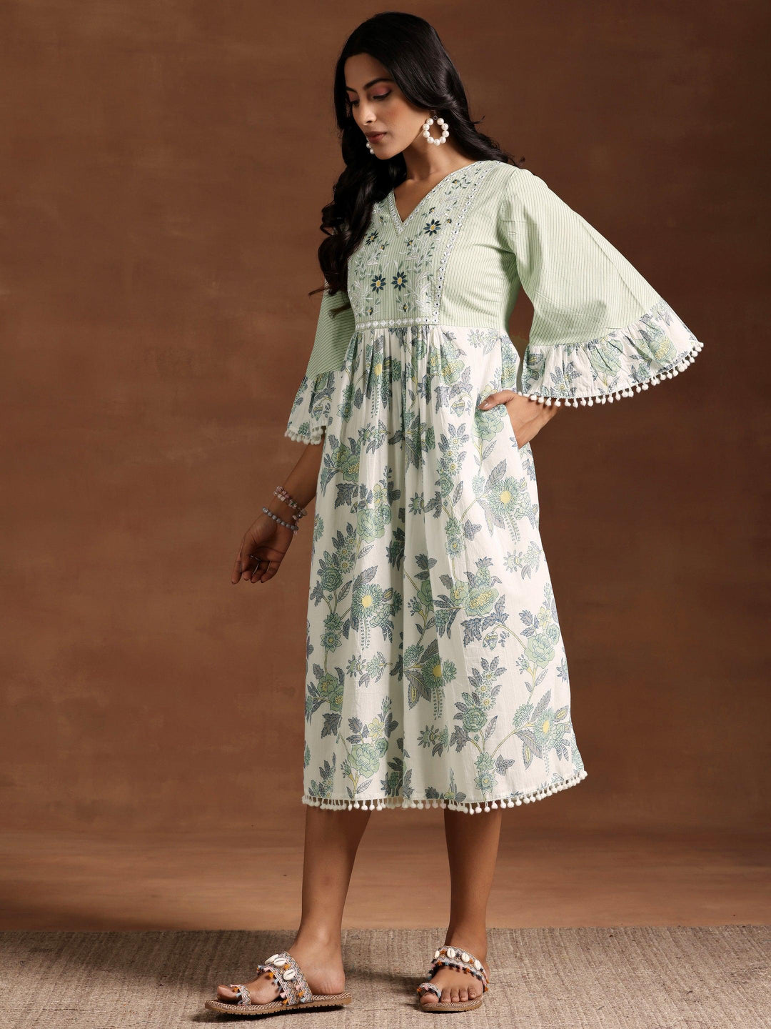 Green Printed Cotton A-Line Kurta - Libas 