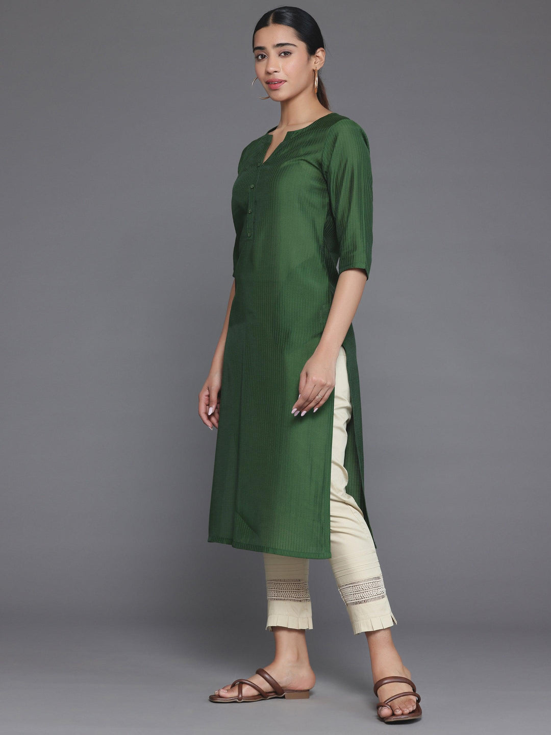 Green Woven Design Silk Straight Kurta - Libas 