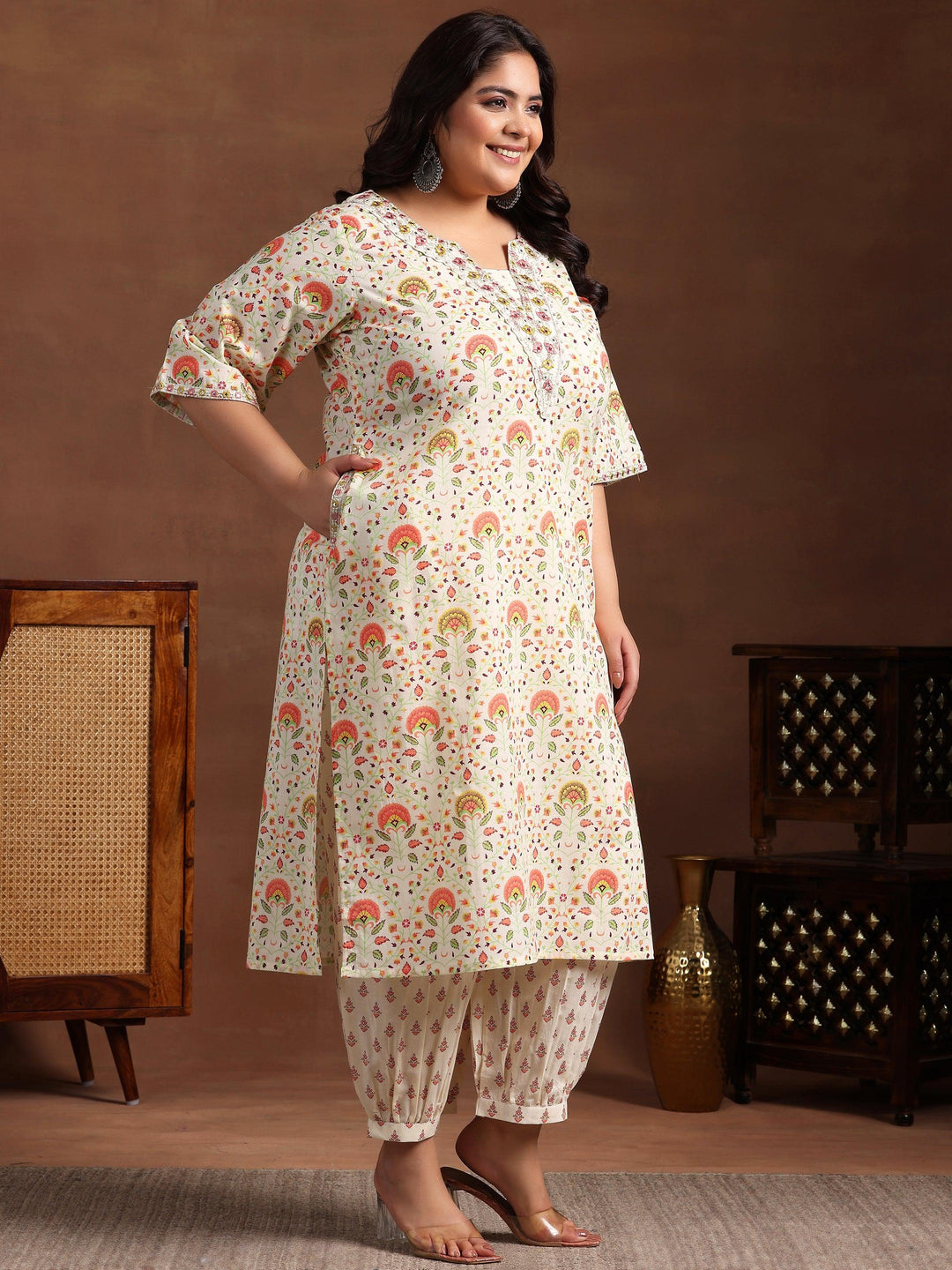 Plus Size Off White Printed Cotton Straight Kurta With Salwar - Libas