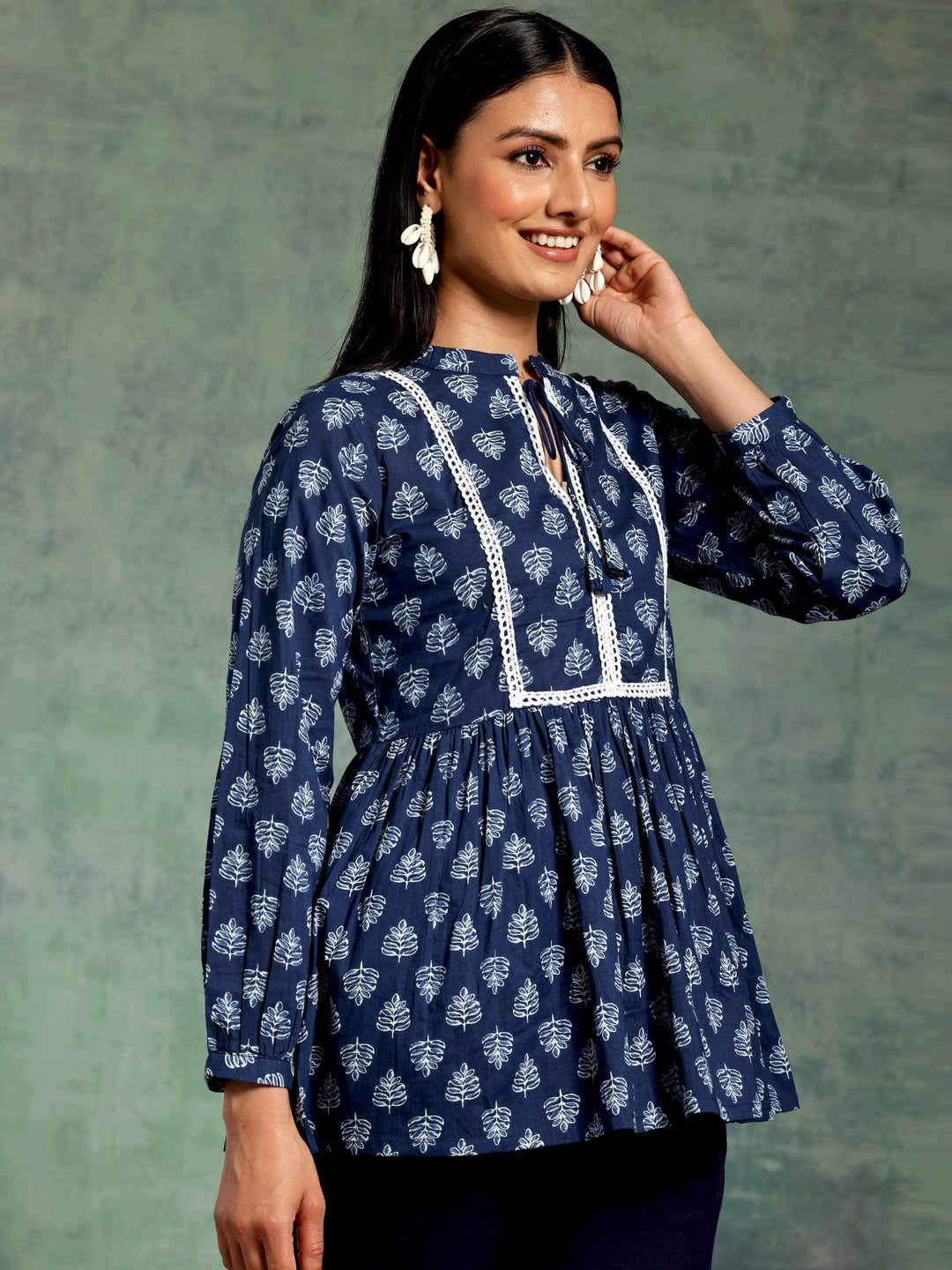 Blue Yoke Design Cotton A-Line Kurti - Libas