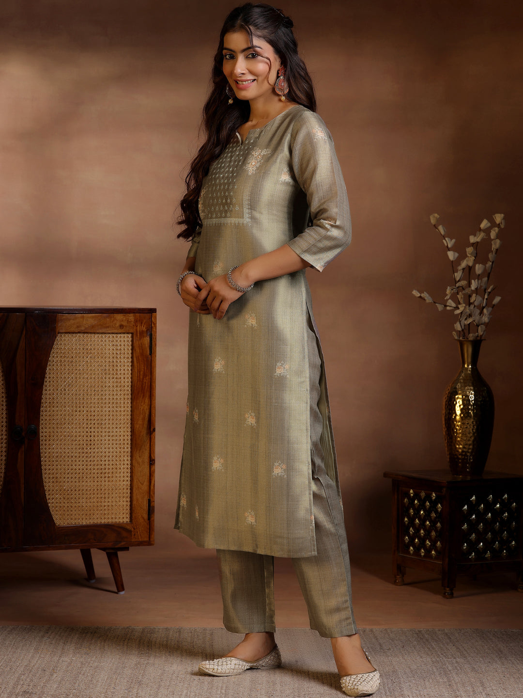  Brown Printed Silk Straight Suit With Dupatta 