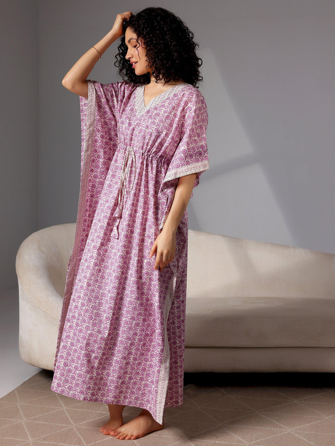 Purple Printed Cotton Kaftan Night Dress - Libas 