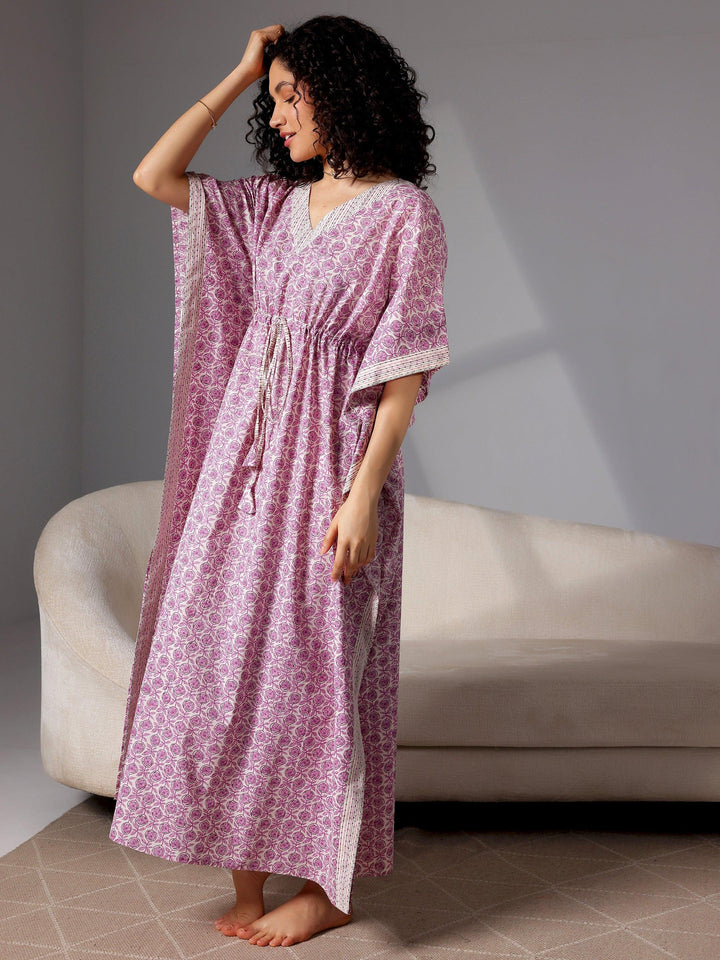 Purple Printed Cotton Kaftan Night Dress - Libas